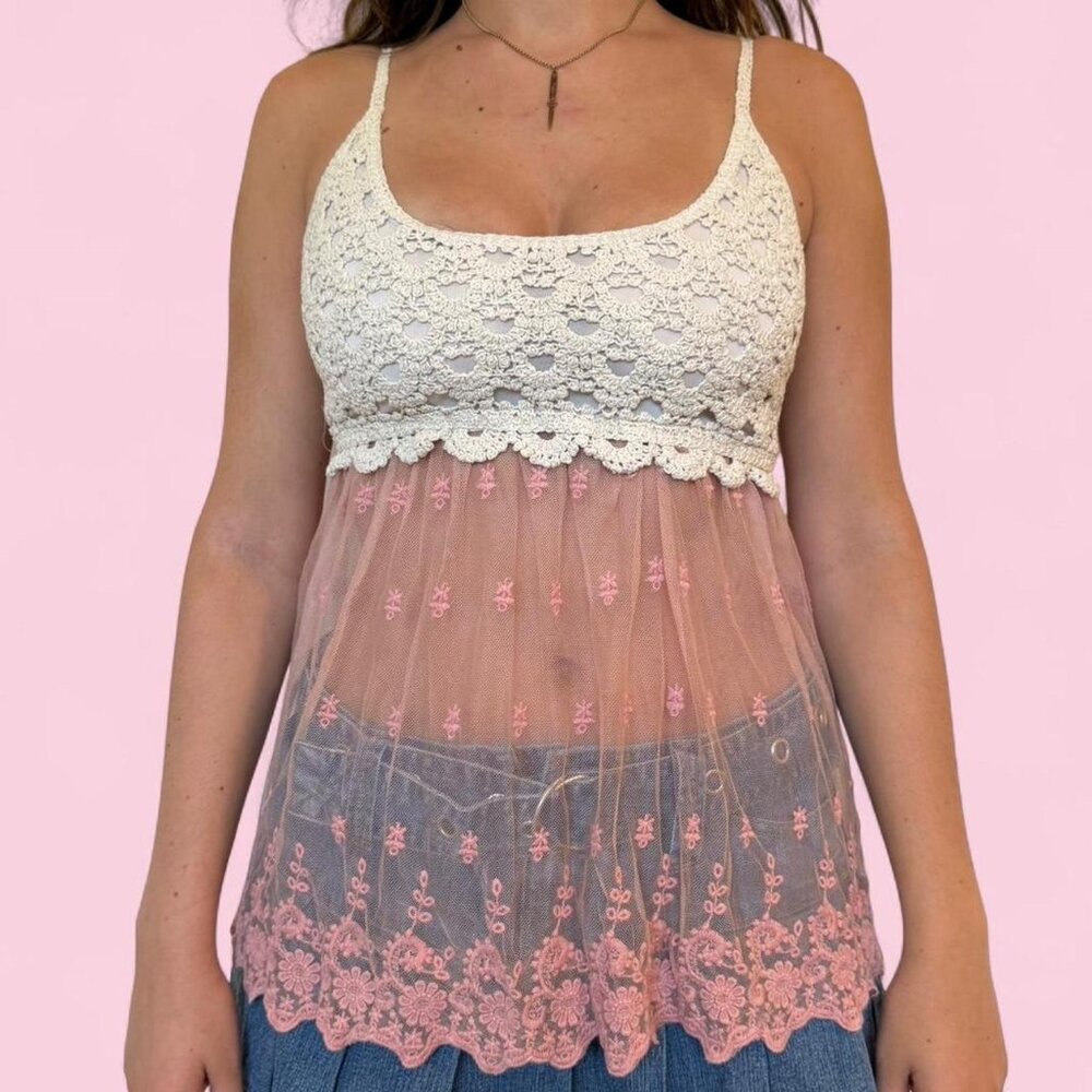 j gee white crochet and pink mesh babydoll top
